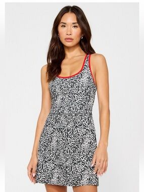 Fabletics Black & White Printed Tank Dress with Red Trim